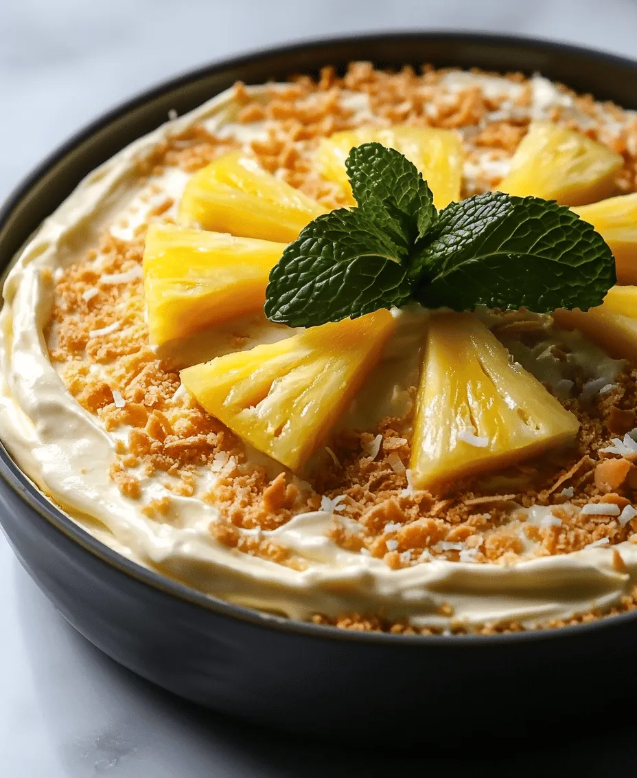 Imagine indulging in a dessert that transports you straight to a tropical paradise with every bite. The <strong>Tropical Bliss: No Bake Pineapple Cream Dessert</strong> is a delightful treat that embodies the essence of summer, combining the sweet tanginess of fresh pineapple with the creamy richness of cream cheese and whipped cream. Not only does this dessert offer a symphony of tropical flavors, but it also eliminates the need for an oven, making it a convenient choice for any gathering.” /></p>
</p>
<h3>Techniques for Ensuring a Smooth and Creamy Consistency</h3>
</p>
<p>Achieving a smooth and creamy consistency in your No Bake Pineapple Cream Dessert is vital for the overall texture and taste. To ensure this, start by using room temperature ingredients. This helps them blend more seamlessly, reducing the risk of lumps. If you’re using cream cheese, allow it to soften at room temperature for about 30 minutes before mixing. This will make it easier to whip into a light and fluffy mixture.</p>
</p>
<h4>The Significance of Combining Ingredients Gradually</h4>
</p>
<p>When preparing the filling, it’s crucial to combine ingredients gradually. Begin by mixing the cream cheese and sugar until smooth. Afterward, slowly incorporate the whipped cream into the mixture in stages. This gradual combination allows for better integration of the ingredients and helps maintain the lightness of the whipped cream, preventing the mixture from becoming dense.</p>
</p>
<h3>Whipping the Cream</h3>
</p>
<p>Whipping cream is a key step in creating the airy texture of this dessert. Use heavy cream for the best results, as it contains a higher fat content, which contributes to the cream’s ability to hold its shape.</p>
</p>
<h4>Tips for Achieving Perfect Stiff Peaks</h4>
</p>
<p>To achieve perfect stiff peaks when whipping cream, start with cold equipment. Use a chilled bowl and beaters, as this helps the cream whip faster and achieve volume. Begin whipping at a medium speed until soft peaks form, then increase the speed to high. Watch closely, as overwhipping can turn the cream grainy. Stop as soon as stiff peaks form, which means the cream holds its shape when you lift the beaters.</p>
</p>
<h4>Importance of Folding vs. Mixing to Maintain Airiness</h4>
</p>
<p>Once your whipped cream is ready, it’s essential to fold it gently into the cream cheese mixture. Folding is a technique that preserves the air you’ve just incorporated into the whipped cream, thereby maintaining the dessert’s light and airy texture. Use a spatula to lift the mixture from the bottom of the bowl and gently turn it over until fully combined, being careful not to deflate the cream.</p>
</p>
<h3>Combining Ingredients</h3>
</p>
<h4>Techniques for Evenly Distributing Pineapple in the Mixture</h4>
</p>
<p>When adding pineapple to your cream mixture, chop the fruit into small, uniform pieces. This helps ensure even distribution throughout the dessert, so every bite is filled with delightful pineapple flavor. After folding the whipped cream into the cream cheese mixture, gently fold in the pineapple chunks, being cautious not to stir too vigorously.</p>
</p>
<h4>Importance of Texture Balance Between the Creamy Filling and the Crust</h4>
</p>
<p>A successful No Bake Pineapple Cream Dessert relies on achieving a perfect balance between the creamy filling and the crust. The crust should provide a firm base that contrasts the soft filling. If desired, consider adding crushed nuts or coconut flakes to the crust for additional texture and flavor, enhancing the overall sensory experience of the dessert.</p>
</p>
<h3>Layering the Dessert</h3>
</p>
<p>Creating beautiful layers in your dessert not only adds visual appeal but also enhances the tasting experience. Use a clear glass trifle dish or individual serving glasses to showcase the layers.</p>
</p>
<h4>Presentation Tips for a Beautiful Layered Dessert</h4>
</p>
<p>To achieve a stunning layered look, start with a layer of crust at the bottom of your serving dish. Next, add a layer of the cream filling, followed by another layer of crushed pineapple. Repeat this process until you reach the top of the dish, finishing with the creamy filling. For a final flourish, reserve some whipped cream to pipe decorative swirls on top. Adding a sprinkle of crushed nuts or a few pineapple chunks can also elevate the presentation.</p>
</p>
<h4>Suggestions for Additional Flavor Variations</h4>
</p>
<p>While the classic pineapple flavor is delightful, consider adding other tropical notes to diversify your dessert. Lime zest can introduce a refreshing citrusy brightness, while a splash of coconut extract can deepen the tropical essence. For a touch of sophistication, you might even fold in some finely grated ginger for a hint of spice.</p>
</p>
<h3>Chilling the Dessert</h3>
</p>
<h4>The Science Behind Chilling for the Best Texture and Flavor</h4>
</p>
<p>Chilling is an essential step in making your No Bake Pineapple Cream Dessert. It allows the flavors to meld together while firming up the filling. The chilling process also helps set the dessert, making it easier to slice and serve. For optimal results, refrigerate your dessert for at least 4 hours, or overnight if possible.</p>
</p>
<h4>Recommendations for Timing and Serving</h4>
</p>
<p>Plan your dessert preparation ahead of time to allow ample chilling. If you’re serving it for a special occasion, prepare it the day before and let it chill overnight. This ensures that it’s perfectly set and ready to impress your guests. When ready to serve, slice it into squares or use a spoon to scoop out portions, depending on your serving style.</p>
</p>
<h3>Serving Suggestions</h3>
</p>
<h4>Creative Ways to Present and Serve the Dessert</h4>
</p>
<p>Enhancing the presentation of your dessert can elevate the dining experience. Consider serving it in individual mason jars for a rustic touch, or use elegant dessert plates for a more refined appearance. You can also add a dollop of whipped cream on top and garnish with fresh mint leaves or edible flowers for a pop of color and freshness.</p>
</p>
<h4>Pairing Ideas with Beverages or Other Dishes</h4>
</p>
<p>Pair your No Bake Pineapple Cream Dessert with refreshing beverages such as iced tea, lemonade, or a tropical smoothie. If you’re looking to serve it alongside other dishes, consider a light salad or grilled chicken with a citrus marinade to complement the tropical flavors.</p>
</p>
<h4>Importance of Garnishes for Visual Appeal</h4>
</p>
<p>Garnishes play a crucial role in making your dessert visually appealing. A sprinkle of toasted coconut, a drizzle of passion fruit syrup, or a few slices of fresh pineapple on top can make your dessert not only taste great but also look stunning.</p>
</p>
<h3>Nutritional Information</h3>
</p>
<h4>Overview of Calories and Nutritional Content per Serving</h4>
</p>
<p>When enjoying a dessert like No Bake Pineapple Cream, it’s important to consider its nutritional content. A typical serving contains approximately 250-300 calories, depending on your ingredient choices. The dessert is rich in healthy fats from cream and a good source of vitamin C from the pineapple.</p>
</p>
<h4>Discussing the Balance of Indulgence and Health in Desserts</h4>
</p>
<p>While this dessert is indulgent, it can be balanced with moderation and by incorporating healthier ingredients. Using Greek yogurt instead of cream cheese can lighten the dish while still providing creaminess. Fresh fruit adds natural sweetness and nutrients without overwhelming the calorie count.</p>
</p>
<h3>Conclusion</h3>
</p>
<p>The No Bake Pineapple Cream Dessert is a simple yet delightful treat that captures the essence of tropical flavors. Its creamy filling combined with the crunchy crust creates a harmonious dessert that is sure to impress. Don’t hesitate to experiment with tropical flavors in your cooking, as they can bring a refreshing twist to your everyday meals. Sharing this dessert with family and friends creates moments of joy and connection, making it a perfect addition to any gathering. Whether you stick to the classic recipe or explore new flavors, this dessert is bound to become a favorite in your home.</p>
<div id=