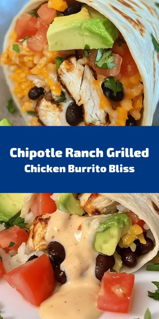 Indulge in the bold flavors of this Easy Chipotle Ranch Grilled Chicken Burrito! Perfect for a quick lunch or dinner, these burritos are packed with grilled chicken marinated in chipotle ranch dressing, fluffy rice, black beans, fresh veggies, and gooey Monterey Jack cheese all wrapped in a warm tortilla. Drizzle with extra dressing and enjoy a hearty meal that’s simple to make and absolutely delicious. Spice up your meal routine today!