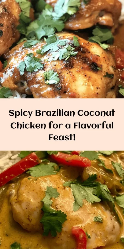Get ready to spice up your dinner with this delicious Spicy Brazilian Coconut Chicken! This vibrant dish features tender chicken thighs marinated in creamy coconut milk, fresh lime juice, and a kick of Brazilian red pepper flakes. Cooked with sautéed onions and bell peppers, it’s bursting with flavor. Serve it over fluffy rice and garnish with fresh cilantro for a meal that’s both satisfying and exotic. Perfect for a cozy dinner night!