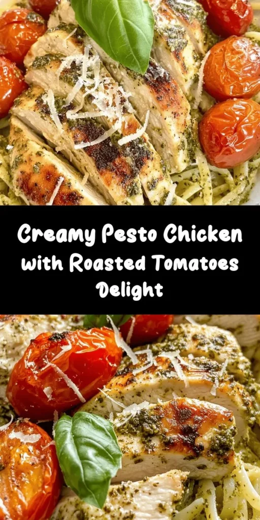 Savor the flavors of this creamy pesto chicken with roasted tomatoes, a dish that’s pure comfort food! Tender chicken breasts are cooked to perfection and paired with a rich, basil pesto cream sauce. Add in sweet roasted cherry tomatoes for a burst of flavor. It’s the perfect meal served over pasta or rice and topped with fresh basil and Parmesan. Quick to prepare and absolutely delicious, this recipe is sure to impress! Perfect for weeknight dinners!