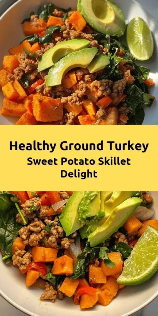 Elevate your weeknight dinners with this Ground Turkey Sweet Potato Skillet! This one-pan meal is packed with nutritious ingredients like sweet potatoes, fresh spinach, and lean ground turkey. The combination of smoked paprika, cumin, and chili powder adds a flavorful kick. It's quick and easy, ready in just 30 minutes. Top with creamy avocado and fresh cilantro for a delicious finish. Perfect for a family meal or meal prep! Enjoy wholesome eating without the fuss.