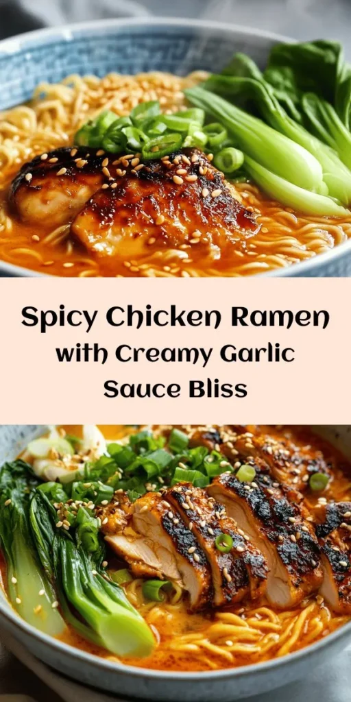 Spice up your dinner with this Fiery Chicken Ramen featuring a creamy garlic sauce! This easy recipe combines tender marinated chicken thighs with rich chicken broth, instant ramen noodles, and fresh bok choy for a delicious meal. The creamy sauce brings all the flavors together, while a sprinkle of sesame seeds and red pepper flakes adds the perfect finishing touch. Perfect for a cozy night in! 🍜🌶️ #RamenRecipe #SpicyFood #ComfortFood