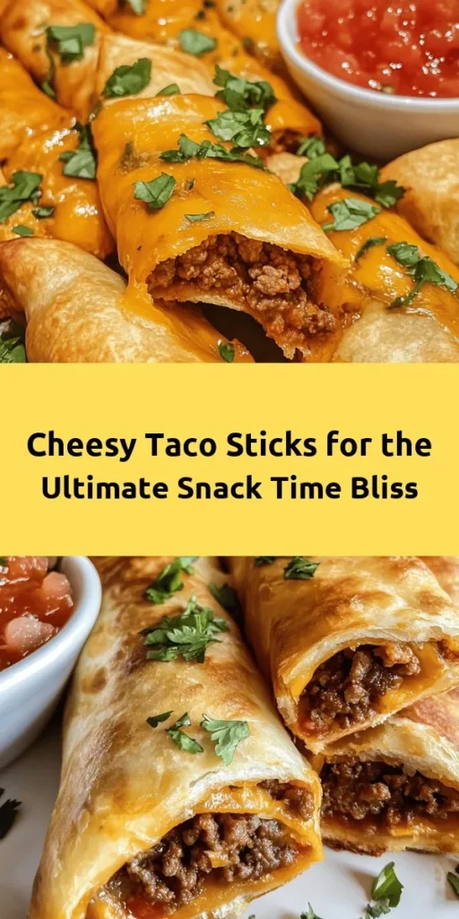 Looking for a delicious twist on taco night? Try these Cheesy Taco Sticks! Made with seasoned ground beef, melted cheddar and mozzarella, and wrapped in golden pizza dough, these tasty treats are perfect for dipping in salsa and sour cream. Easy to make in just 35 minutes, they are a crowd-pleaser for any occasion. Serve them warm, garnished with fresh cilantro, for a fun and flavorful snack or appetizer that's sure to impress!