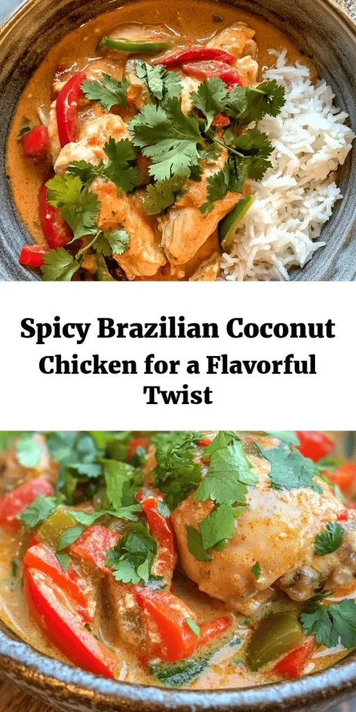 Discover the vibrant flavors of Spicy Brazilian Coconut Chicken! This mouthwatering dish features tender chicken thighs marinated in a rich coconut milk blend with garlic, ginger, and spices. Sautéed with colorful bell peppers and finished with a splash of lime juice, it's perfect for any dinner. Serve it with rice or warm tortillas for a satisfying meal. Enjoy the tropical taste of Brazil right in your kitchen with this simple and delicious recipe!
