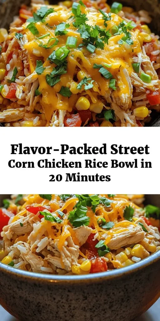 Discover a delightful twist on dinner with this Easy Street Corn Chicken Rice Bowl! Packed with shredded rotisserie chicken, sweet corn, and colorful bell peppers, this recipe is full of flavor and ready in just 20 minutes. Combine cooked rice with taco-seasoned goodness and top it off with melted cheddar cheese, tangy sour cream, and fresh cilantro. Perfect for a quick weeknight meal, this bowl is sure to please the whole family!