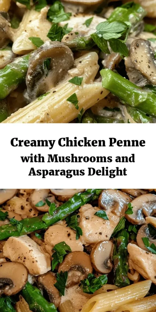 Indulge in a hearty meal with this Creamy Mushroom and Asparagus Chicken Penne recipe! Perfectly cooked penne pasta is combined with tender chicken, sautéed mushrooms, and vibrant asparagus, all smothered in a rich and creamy sauce. Made in just 30 minutes, this dish is ideal for busy weeknights or a cozy dinner. Don’t forget to garnish with fresh parsley for an extra touch. Dive into comfort food at its finest!