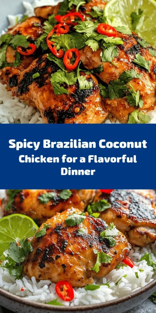 Elevate your dinner game with this Spicy Brazilian Coconut Chicken! Featuring tender chicken thighs marinated in a rich coconut milk mixture infused with red curry paste, garlic, and ginger, this dish is a flavor explosion. Perfectly grilled or pan-fried, it's served with a luscious sauce over a bed of rice or quinoa. Garnish with fresh cilantro for a vibrant finish. Ideal for family gatherings or a cozy dinner, this recipe is sure to impress!