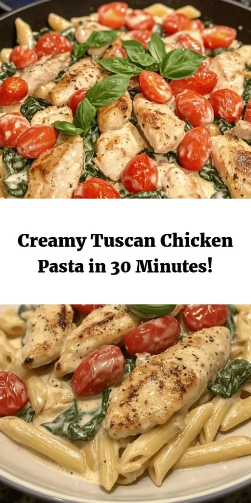 Indulge in the creamy goodness of Easy Tuscan Chicken Pasta! This delicious recipe combines tender chicken, cherry tomatoes, and fresh spinach, all tossed in a rich Parmesan cream sauce over penne pasta. Perfect for weeknight dinners, it's quick to prepare with just a few simple ingredients. In about 40 minutes, you can serve a delightful dish that the whole family will love. Gather your ingredients and enjoy a taste of Tuscany right at home!