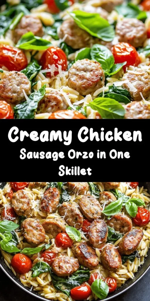 Whip up this creamy chicken sausage orzo skillet for a delicious one-pan meal that's perfect for busy weeknights! With tender chicken sausage, wholesome orzo pasta, and fresh veggies like spinach and cherry tomatoes, it's a flavorful dish you can have on the table in just 30 minutes. Elevate it with a sprinkle of Parmesan and fresh basil for a delightful finish. Easy, comforting, and so satisfying—give it a try!