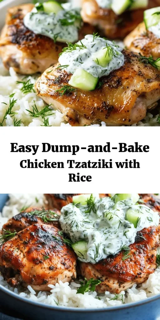 Discover a delicious and easy meal with this Dump-and-Bake Chicken Tzatziki with Rice recipe! Simply season the chicken thighs or breasts, layer them over fluffy basmati rice, and let the oven do the work. Serve with a creamy tzatziki sauce made from Greek yogurt, cucumber, and dill. Perfect for busy weeknights, this dish combines tender chicken and aromatic rice for a satisfying dinner that’s ready in just under an hour. Enjoy a taste of Mediterranean goodness!
