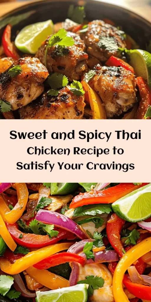 Discover the perfect balance of flavors with this Sweet and Spicy Thai Chicken recipe! Succulent chicken thighs are marinated in a savory blend of soy and fish sauce, then stir-fried with vibrant bell peppers and aromatic garlic and ginger. A delicious sauce made with brown sugar, sweet chili, and sriracha brings the heat and sweetness together. Garnish with fresh cilantro and serve with lime wedges for a quick and satisfying meal that’s sure to impress!
