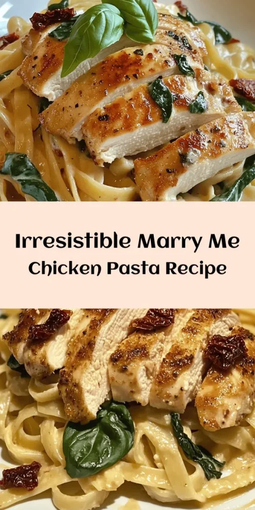 Delight your loved ones with this irresistible Marry Me Chicken Pasta! This creamy dish features tender chicken breasts, sun-dried tomatoes, and fresh spinach, all tossed with perfectly cooked pasta. Ready in just 40 minutes, it's the perfect meal to impress. The combination of garlic, Italian seasoning, and Parmesan creates a delicious sauce that will have everyone asking for seconds. Serve it up garnished with fresh basil for a romantic touch!