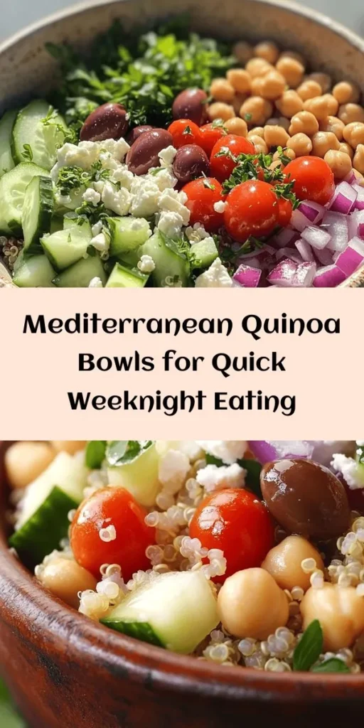 Discover the perfect weeknight meal with these Mediterranean Quinoa Bowls! This vibrant dish features fluffy quinoa, chickpeas, cherry tomatoes, cucumbers, and Kalamata olives, all tossed together with a zesty olive oil and lemon dressing. Optional feta adds a creamy touch, making it ideal for healthy dinners. Quick to prepare in just 30 minutes, this recipe serves four and is great for meal prep or a fresh, nutritious option any night of the week. Enjoy a burst of Mediterranean flavors in every bite!