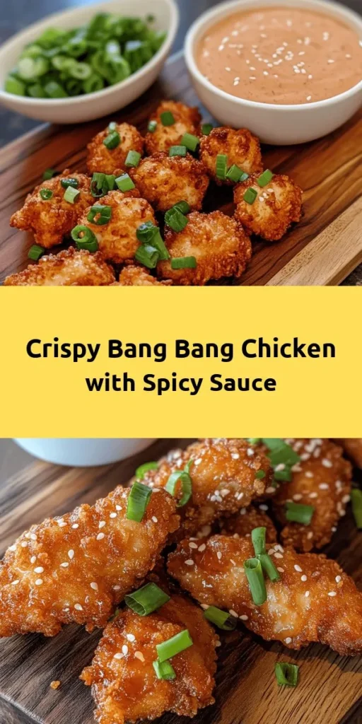 Indulge in this mouthwatering Crispy Bang Bang Chicken that's perfect for any meal! This easy recipe features juicy marinated chicken breasts coated in a perfectly seasoned blend of flour and panko breadcrumbs for that irresistible crunch. Pair it with a creamy, spicy Bang Bang sauce for a flavor explosion! Garnish with green onions and sesame seeds for an extra touch. Ready in just 45 minutes, this dish will be a family favorite! 🍗🔥 #BangBangChicken #DeliciousRecipes