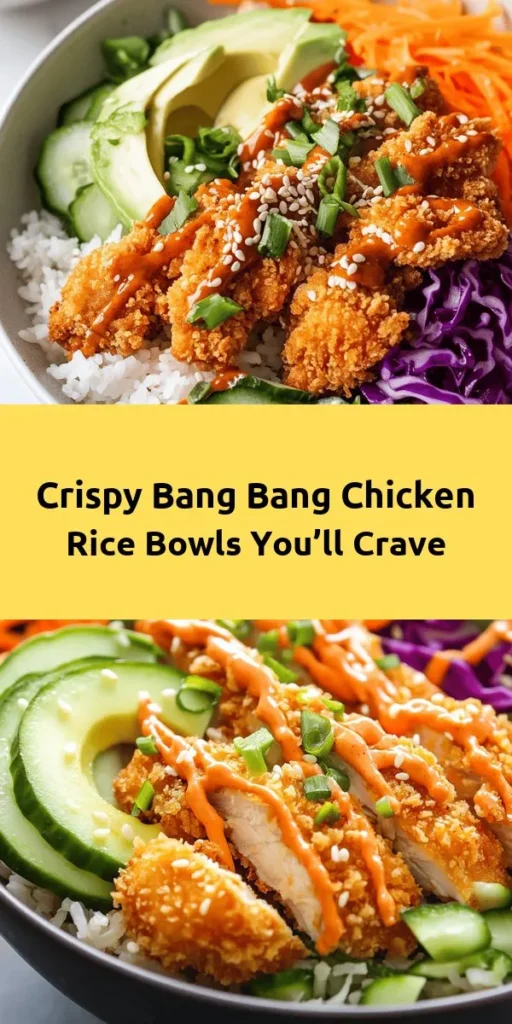 Create a delicious dinner with these Bang Bang Chicken Bowls! Tender, crispy chicken coated in panko breadcrumbs is served over fluffy jasmine or cauliflower rice and loaded with fresh veggies like cabbage, cucumbers, and carrots. Drizzle with a creamy Bang Bang sauce for a burst of flavor and top with avocado and garnishes. Perfect for a family meal or meal prep—this dish is sure to impress! Ready in just 40 minutes. Enjoy!