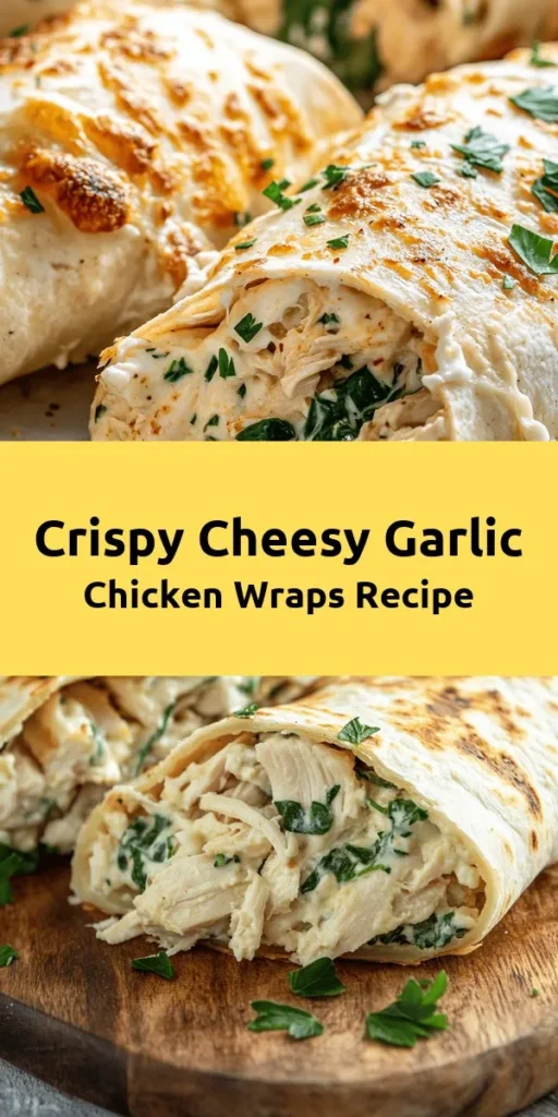 Looking for a delicious and easy meal? Try these Cheesy Garlic Chicken Wraps! Packed with shredded chicken, creamy cheeses, and garlic, this recipe is perfect for lunch or dinner. With just a few simple ingredients and a quick cooking process, you’ll have a crispy, cheesy delight ready in no time. Serve them warm with fresh spinach and your choice of dipping sauce for a satisfying dish everyone will love. Enjoy this savory treat tonight!