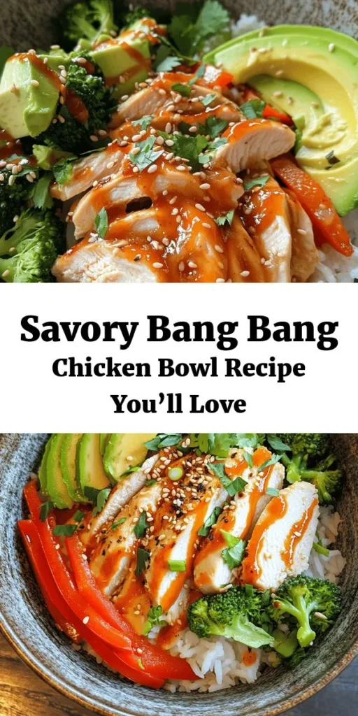 Create a delicious and vibrant Bang Bang Chicken Bowl that's sure to impress! Start with tender chicken thighs seasoned to perfection and sautéed until golden brown. Pair them with fluffy jasmine rice, blanched broccoli, crunchy red bell peppers, and creamy avocado for a healthy twist. Drizzle with a zesty Bang Bang sauce made with mayonnaise, sweet chili sauce, sriracha, and honey. Finish with fresh green onions, sesame seeds, and cilantro. Perfect for a quick dinner!