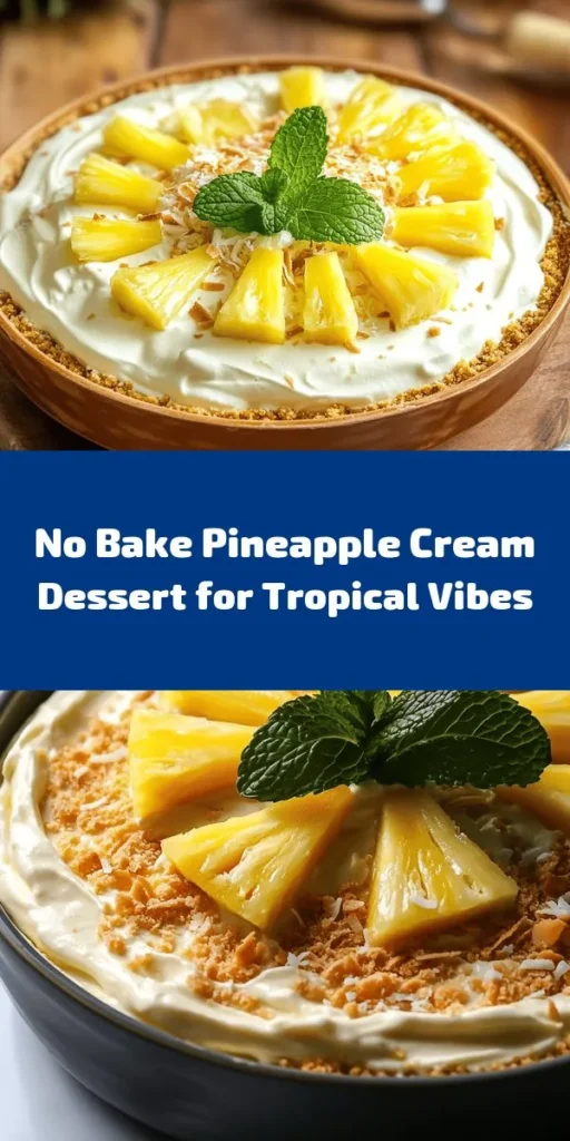 Indulge in a slice of paradise with this No Bake Pineapple Cream Dessert! This refreshing treat combines creamy layers of cheesecake, sweet crushed pineapple, and a crunchy graham cracker coconut crust. It's easy to make with just a few ingredients and perfect for any occasion. Chill for a few hours and serve it cold, garnished with fresh pineapple and mint for a beautiful presentation. Your taste buds will thank you for this tropical bliss!