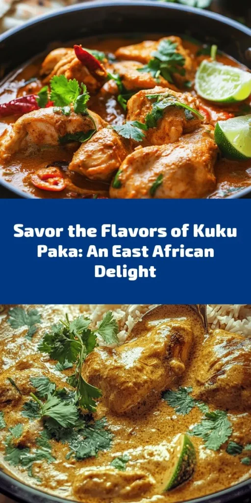 Experience the vibrant flavors of East Africa with this delicious Kuku Paka recipe! This coconut milk chicken dish is infused with spices like curry, cumin, and coriander, creating a rich, creamy sauce that's simply irresistible. Marinate the chicken beforehand for maximum flavor and serve it hot with rice or flatbread to soak up the goodness. Perfect for a family dinner or when you want to impress guests, this dish is a delightful journey for your taste buds! Enjoy!