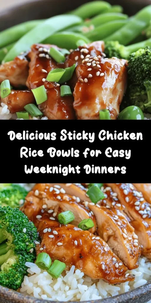 Create a delicious and satisfying meal with these Sticky Chicken Rice Bowls! Marinated boneless chicken thighs coated in a sweet soy-honey glaze pair perfectly with fluffy jasmine rice cooked in chicken broth. This recipe is easy to follow and perfect for family dinners. Top your bowls with fresh green onions and sesame seeds, and add some steamed vegetables for a complete meal. Enjoy this flavorful dish that's sure to impress everyone at your table!