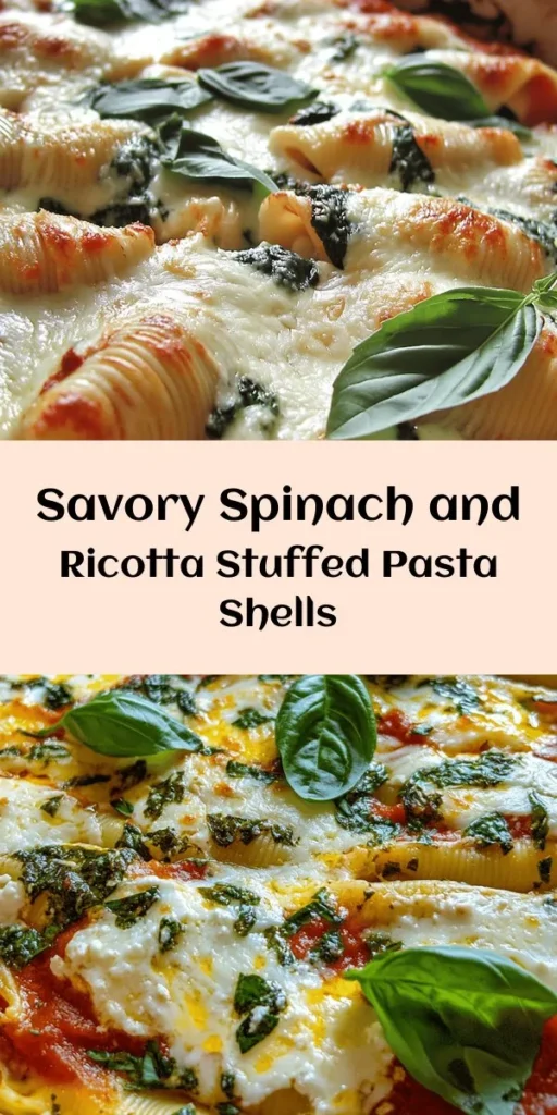 Discover the perfect comfort food with these Easy Spinach and Ricotta Stuffed Shells! These delicious pasta shells are filled with a creamy mixture of ricotta, fresh spinach, and melty mozzarella, topped with marinara sauce and bubbling cheese. Ideal for a cozy dinner or a family gathering, this recipe is quick to prepare and absolutely satisfying. Serve with fresh basil for an extra touch. Get ready to indulge in a cheesy, flavorful treat!