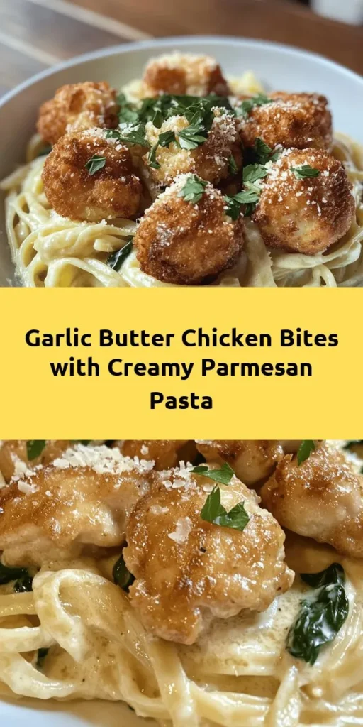 Indulge in this mouthwatering Garlic Butter Chicken Bites with Savory Creamy Parmesan Pasta recipe! Perfect for a cozy dinner, this dish features tender chicken coated in garlic butter served over linguine tossed in a rich Parmesan sauce. Quick to make in just 30 minutes, it’s packed with flavor and can be enhanced with fresh spinach for added nutrition. Garnish with parsley for a delightful finish. Your family will love this creamy, savory meal!