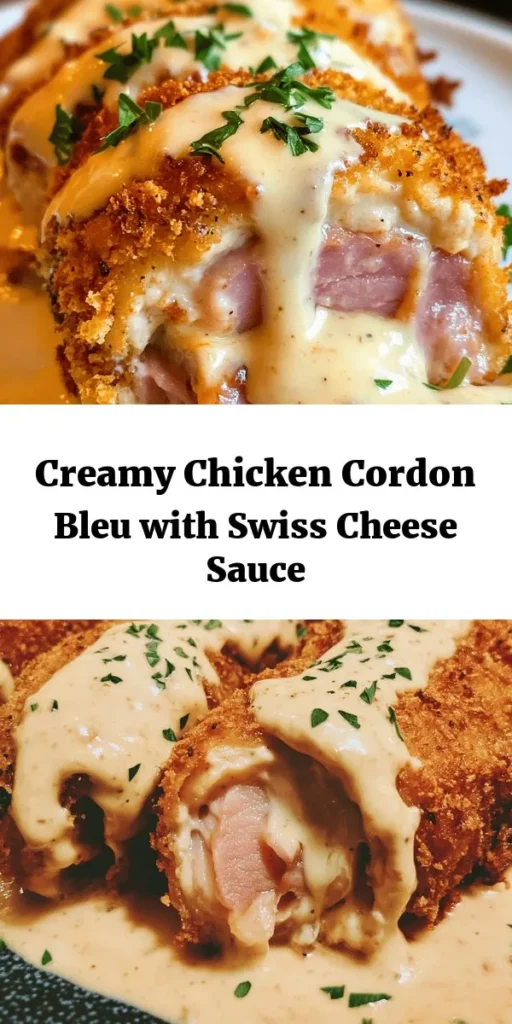 Indulge in the flavors of this delicious Chicken Cordon Bleu with a creamy Swiss cheese sauce. Featuring tender chicken breasts stuffed with savory ham and gooey Swiss cheese, this recipe is sure to impress. Perfectly breaded and baked to golden perfection, each bite is a delight. Serve it drizzled with a rich cheese sauce for an extra touch of luxury. Easy to make and perfect for dinner parties or family meals. Enjoy this comforting classic!