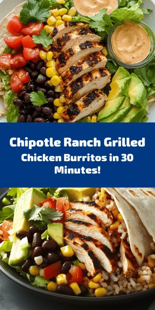 Indulge in this Easy Chipotle Ranch Grilled Chicken Burrito! Perfectly marinated grilled chicken meets a flavorful filling of brown rice, black beans, corn, and fresh veggies all wrapped in a warm tortilla. This recipe is simple to follow and makes for a delicious meal any night of the week. Grill it for an extra crisp or enjoy it as is! Don't forget to drizzle with extra chipotle ranch dressing for added flavor. Perfect for meal prep or a family dinner! 🌯🔥