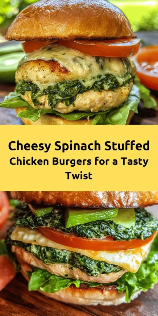 Elevate your burger game with these Cheesy Spinach Stuffed Chicken Burgers! Packed with fresh spinach, creamy white cheddar, and seasoned to perfection, these juicy patties are sure to impress. Easy to make in just 30 minutes, they're perfect for a quick weeknight dinner or weekend grilling. Serve on toasted buns with crisp lettuce, ripe tomato, and creamy avocado for a delicious meal that's both healthy and satisfying. Get ready to savor every bite!