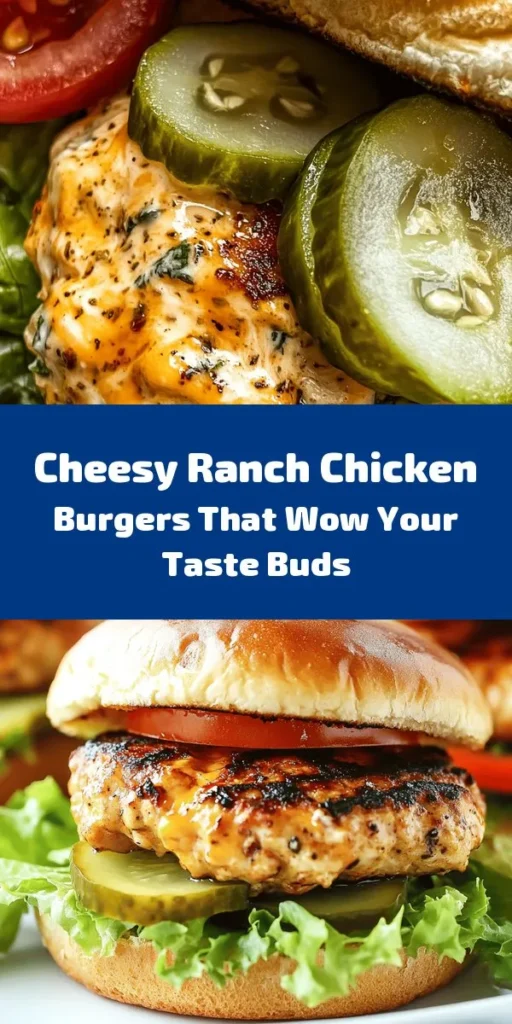 Get ready to elevate your burger night with these Cheesy Ranch Delight Chicken Burgers! Juicy ground chicken is mixed with sharp cheddar, ranch dressing, and spices to create flavorful patties that grill up beautifully. Assemble your burgers on toasted buns with fresh lettuce, juicy tomatoes, and a drizzle of extra ranch for an irresistible meal. Perfect for a quick weeknight dinner or weekend barbecue, this recipe serves 4 and is sure to impress!
