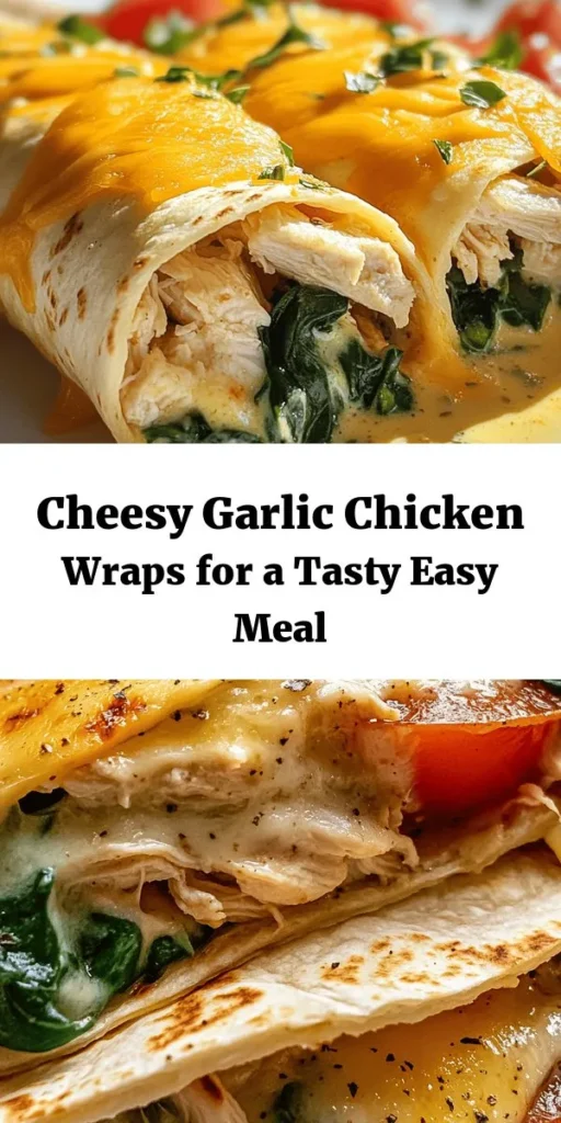 Dive into these Cheesy Garlic Chicken Wraps for a delicious meal that's sure to impress! With tender shredded chicken, a creamy garlic blend, and melty cheddar wrapped in a warm tortilla, these wraps are a perfect combination of flavors. Ready in just 30 minutes, they're ideal for a quick lunch or dinner. Add some spinach for freshness and serve with your favorite dipping sauce. Enjoy a cozy, cheesy feast that everyone will love!