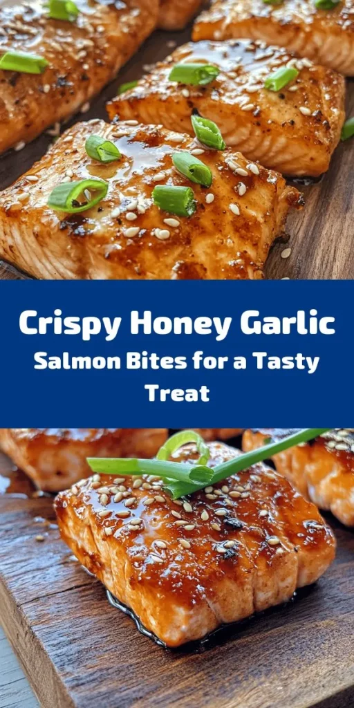 Looking for a delicious and easy seafood dish? Try these Crispy Honey Garlic Salmon Bites! Made with tender salmon cubes coated in a light cornstarch mixture and fried to golden perfection, then tossed in a sweet and savory honey garlic sauce. Perfect as an appetizer or a quick meal. Garnish with fresh green onions and sesame seeds for added flavor. Ready in just 25 minutes, this recipe is sure to impress your family and friends! Enjoy!