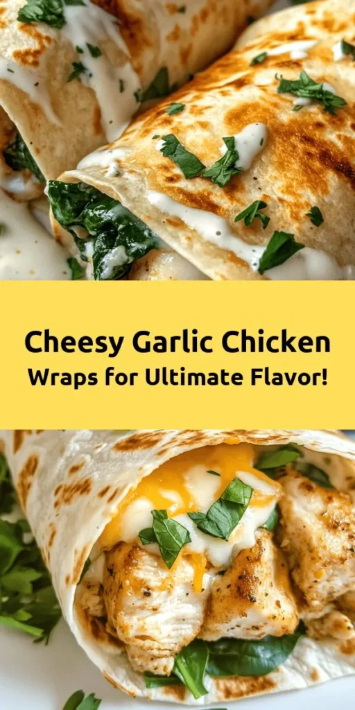 Indulge in these Cheesy Garlic Chicken Wraps that are packed with flavor and perfect for a quick meal! Start with seasoned chicken breasts sautéed to perfection, mix in sautéed garlic and a blend of gooey mozzarella and Parmesan cheese. Wrap it up with fresh spinach in soft flour tortillas and cook until golden brown. Serve hot with a side of ranch dressing for dipping. Enjoy a tasty dinner that the whole family will love in just 30 minutes!