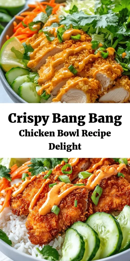 Savor the flavors of this delightful Bang Bang Chicken Bowl! Packed with crispy chicken thighs, vibrant veggies, and a creamy, spicy sauce, it's a perfect weeknight meal that comes together in just 40 minutes. Start with seasoned chicken, fry it until golden, and layer it over fluffy jasmine rice, fresh lettuce, carrots, and cucumbers. Top it all off with a drizzle of homemade Bang Bang sauce and a sprinkle of cilantro. Garnish with lime wedges for that extra zing! Enjoy this delicious bowl that's sure to please everyone!