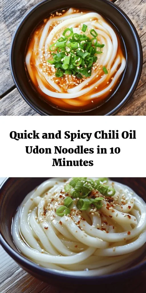 Discover the ultimate quick meal with these 10-Minute Chili Oil Udon Noodles! Perfect for busy weeknights, this delicious dish combines fresh udon noodles tossed in a spicy chili oil sauce, infused with garlic and ginger. Customize it with your choice of proteins or steamed veggies for a nutritious touch. Garnished with green onions and toasted sesame seeds, it's both vibrant and flavorful. Enjoy this easy, satisfying recipe in just 10 minutes! 🍜🌶️