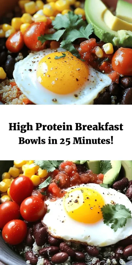 Start your day right with these Easy High Protein Breakfast Bowls! Packed with quinoa, eggs, black beans, and creamy Greek yogurt, this nutritious meal combines fresh ingredients like avocado, cherry tomatoes, and corn for a colorful twist. Top it off with salsa and cilantro for added flavor. Ready in just 25 minutes, it's perfect for busy mornings or lazy weekends. Fuel your day with protein and deliciousness—try it today!
