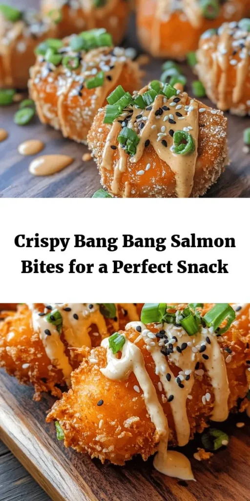 Discover the ultimate crowd-pleaser with these Crispy Bang Bang Salmon Bites! Tender, bite-sized pieces of salmon are coated in a crunchy panko crust and fried to golden perfection. Paired with a deliciously spicy Bang Bang sauce made from mayonnaise, sweet chili, and Sriracha, these bites are perfect for appetizers or a fun dinner. With just 30 minutes of prep time, you'll be indulging in this crispy, flavorful dish in no time. Enjoy!