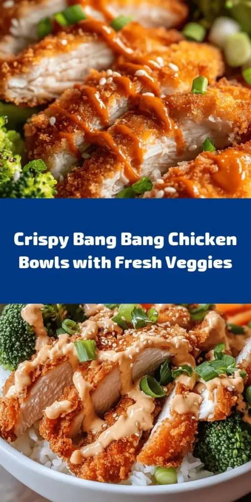 Savor the flavor with these irresistible Bang Bang Chicken Bowls! This easy recipe features crispy baked chicken thighs paired with steamed veggies and jasmine rice, topped with a creamy, spicy Bang Bang sauce that will elevate your meal. Perfect for lunch or dinner, this dish is not only delicious but also visually vibrant, thanks to the colorful vegetables and garnishes. Get ready to impress your family or enjoy a delicious solo meal. Give it a try!