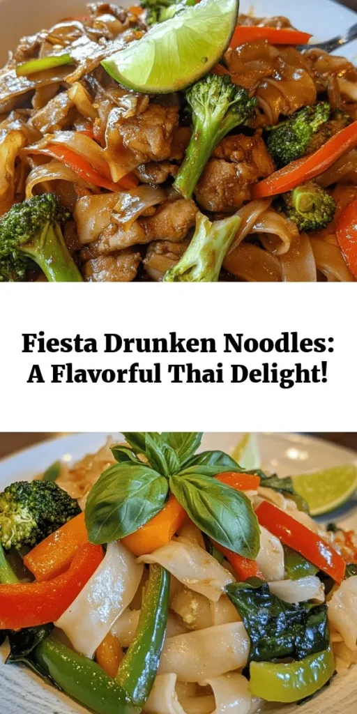 Try this delicious Drunken Noodles Fiesta for a burst of flavor in every bite! With wide rice noodles tossed in savory sauces and vibrant veggies like bell peppers and broccoli, it's a perfect meal for any day. Add in your choice of protein—chicken, beef, shrimp, or tofu—to make it even heartier. Finished with fragrant Thai basil and a splash of lime, this dish is sure to impress. Quick to prepare, it's a tasty adventure your taste buds will love!