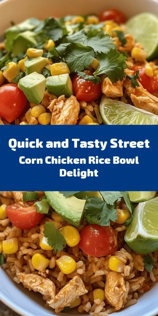 Looking for a delicious and simple dinner option? Try this Easy Street Corn Chicken Rice Bowl! With tender chicken seasoned to perfection, sweet corn, and fresh cherry tomatoes, this dish is packed with flavor and nutrition. Serve it over fluffy brown rice and top with creamy avocado and a sprinkle of cilantro. It's quick to make and perfect for busy weeknights. Plus, don't forget the lime wedges for a zesty kick! Enjoy a wholesome meal in no time!