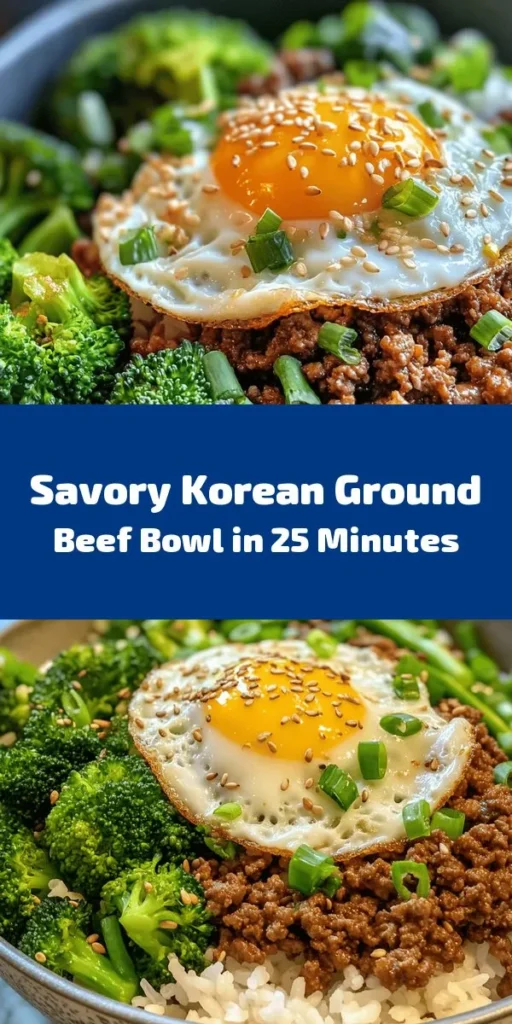 Make weeknight dinners exciting with this easy Korean Ground Beef Bowl! This flavorful dish features juicy ground beef cooked with garlic, ginger, and soy sauce, all served over fluffy jasmine rice. Add your favorite veggies like steamed broccoli for a nutritious boost. Top it off with sesame seeds and green onions, and for a special treat, a fried egg. Perfect for busy evenings, this recipe is sure to become a family favorite!