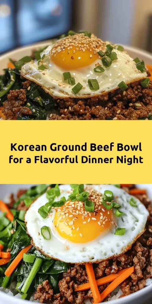 Discover the deliciousness of this Savory Korean Ground Beef Bowl! Made with ground beef, fragrant garlic, ginger, and a kick of gochujang, this easy recipe is perfect for busy weeknights. Served over fluffy jasmine rice and topped with sautéed greens, carrots, and optional fried eggs, it's a flavorful and nourishing meal. Ready in just 35 minutes, this bowl is not only comforting but also a fun way to enjoy Korean cuisine at home. Dive in and savor every bite!