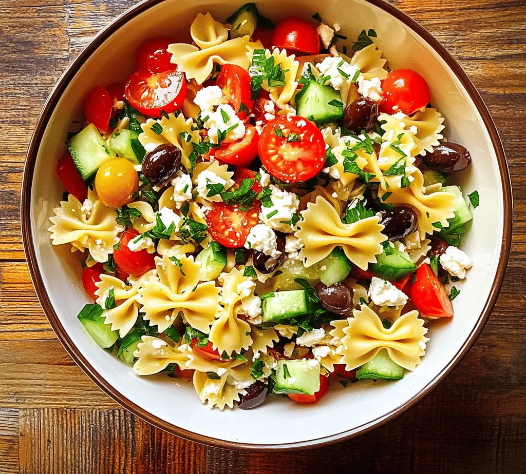 At the heart of this delightful salad is the bow tie pasta, known as farfalle in Italian. This unique pasta shape is reminiscent of little butterflies, which adds an element of whimsy to your plate. The charm of bow tie pasta goes beyond its appearance; its distinctive shape is designed to hold onto sauces and dressings, ensuring that every bite is bursting with flavor. The pinched center and flared edges create a lovely texture that complements the crisp vegetables and creamy feta cheese in the salad.
