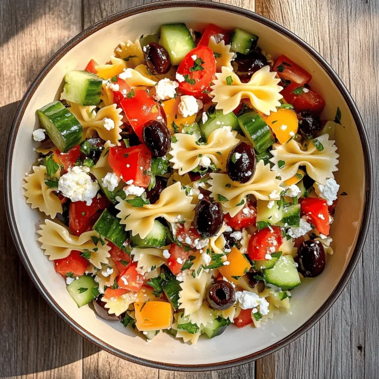 At the heart of this delightful salad is the bow tie pasta, known as farfalle in Italian. This unique pasta shape is reminiscent of little butterflies, which adds an element of whimsy to your plate. The charm of bow tie pasta goes beyond its appearance; its distinctive shape is designed to hold onto sauces and dressings, ensuring that every bite is bursting with flavor. The pinched center and flared edges create a lovely texture that complements the crisp vegetables and creamy feta cheese in the salad.