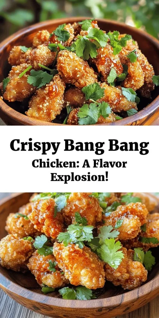 Looking for a delicious and crispy dish to impress your family or guests? Try this Crispy Bang Bang Chicken! Tender marinated chicken is coated in a flavorful breading, then fried to golden perfection. Toss it in a creamy sweet and spicy sauce for an irresistible kick. Perfect as a main dish or appetizer, this recipe is sure to be a hit. Serve it warm, garnished with fresh cilantro, and enjoy every crunchy bite!