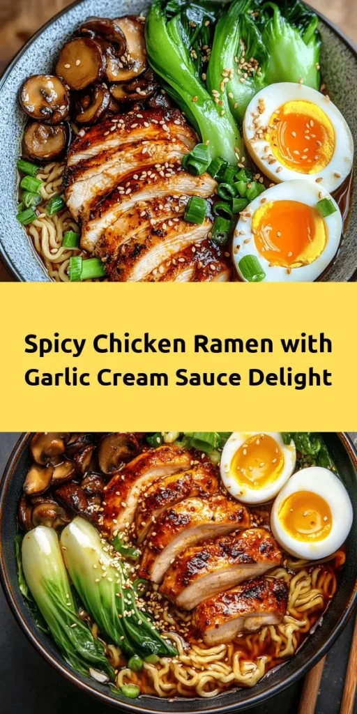 Spice up your dinner with this delicious Fiery Chicken Ramen with Creamy Garlic Sauce! This comforting dish features succulent chicken thighs, flavorful broth, and perfect ramen noodles topped with bok choy and mushrooms. The homemade creamy garlic sauce adds a zesty kick that takes it to the next level. Ready in just 30 minutes, it’s the perfect quick meal for any night. Don't forget the garnishes for a beautiful finish!
