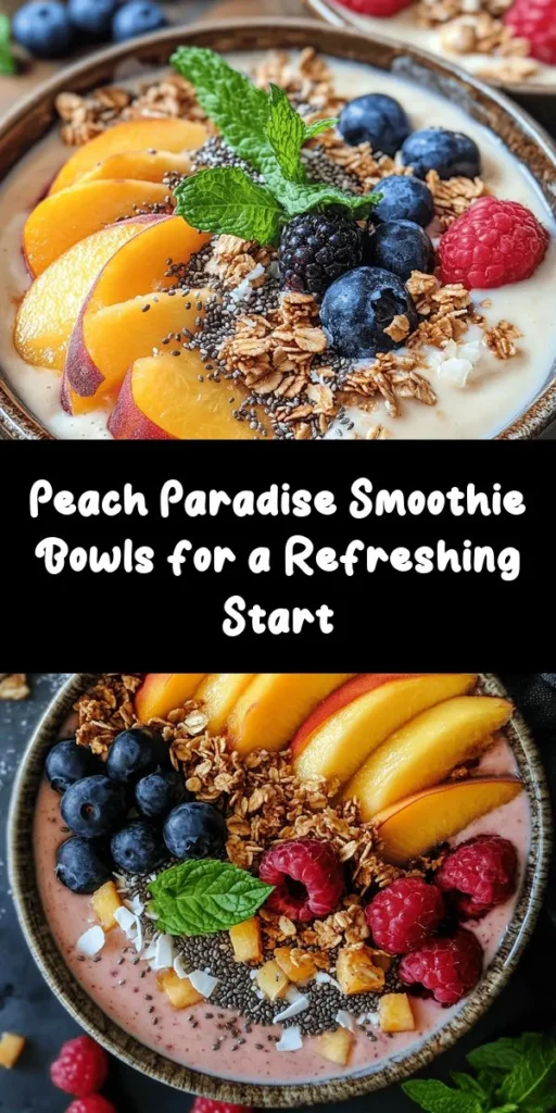 Dive into summer with these refreshing Peach Paradise Smoothie Bowls! Made with ripe peaches, creamy Greek yogurt, frozen banana, and a dash of cinnamon, this bowl is a delightful treat that's both healthy and delicious. Top it off with fresh peach slices, crunchy granola, chia seeds, and a sprinkle of mint for an extra burst of flavor. Perfect for breakfast or a midday snack, this vibrant recipe is a must-try! Enjoy in just 10 minutes!