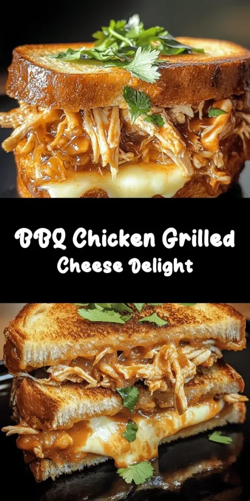 Satisfy your cravings with this mouthwatering BBQ Chicken Grilled Cheese! It's a delightful twist on the classic sandwich, featuring tender, BBQ-coated chicken layered between gooey melted cheddar and mozzarella, all sandwiched in crispy sourdough. Perfect for a quick lunch or a cozy dinner, this recipe takes just 20 minutes to whip up. Add a sprinkle of fresh herbs for extra flavor and enjoy a cheesy, savory treat that everyone will love!
