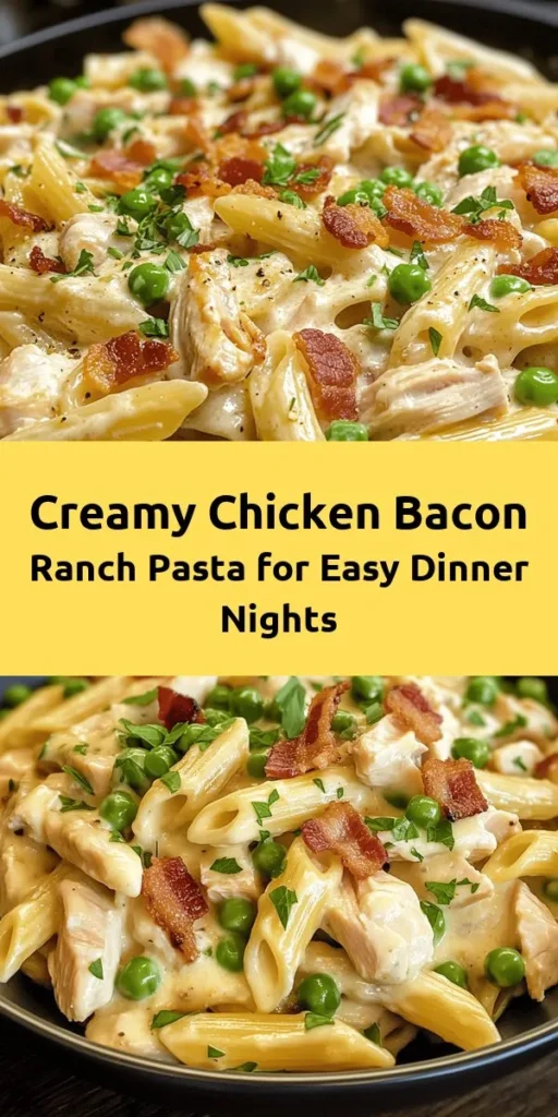 Dive into comfort food bliss with this creamy chicken bacon ranch pasta! This dish combines tender chicken, crispy bacon, and vibrant peas in a rich and savory ranch sauce. Ready in just 30 minutes, it's perfect for a weeknight dinner or a cozy gathering. Easy to make and absolutely delicious, this pasta recipe is sure to please everyone at the table. Garnish with fresh parsley for a pop of color and enjoy a hearty meal that's simply irresistible!