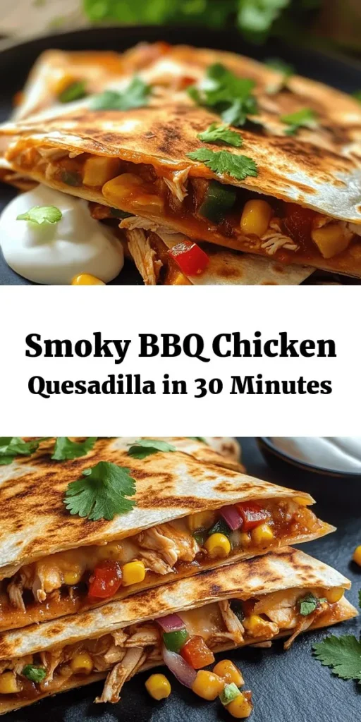 Savor the flavor of these smoky BBQ chicken quesadillas! Perfect for a quick meal or a tasty appetizer, they're packed with shredded chicken, corn, diced bell peppers, and a cheesy blend that melts in your mouth. Just assemble, cook until crispy, and enjoy with a side of sour cream or Greek yogurt. Ideal for any gathering or a cozy night in, this recipe is sure to become a family favorite. Get ready for a delicious twist on classic quesadillas!
